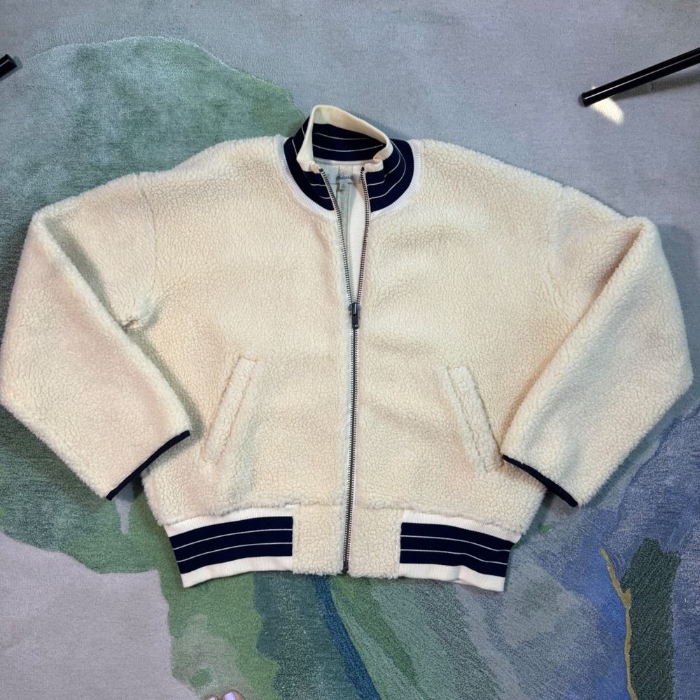 Madewell Sherpa Bomber Jacket Cream Navy Stripe Fleece Oversized K2267 Womens M